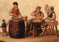 Aquarela de M. de Vito mostra costumes de populares napolitanos que, supostamente, saboreiam o prato 
