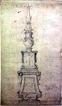 Desenho do candelabro, com um pedestal em duas partes de grandeza monumental, t�pica do vocabul�rio arquitet�nico de Michelangelo